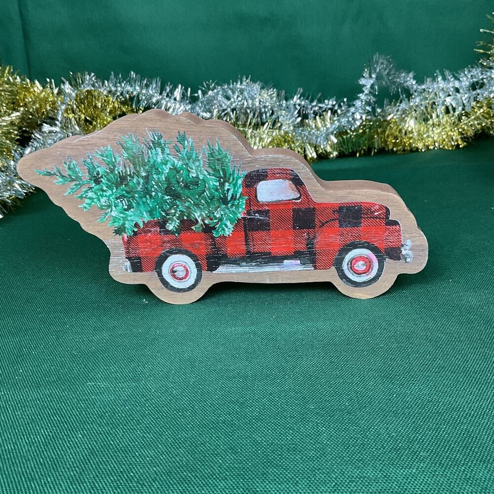 Collins Fresh Original Wooden Red Buffalo Plaid Christmas Truck Block Sitter